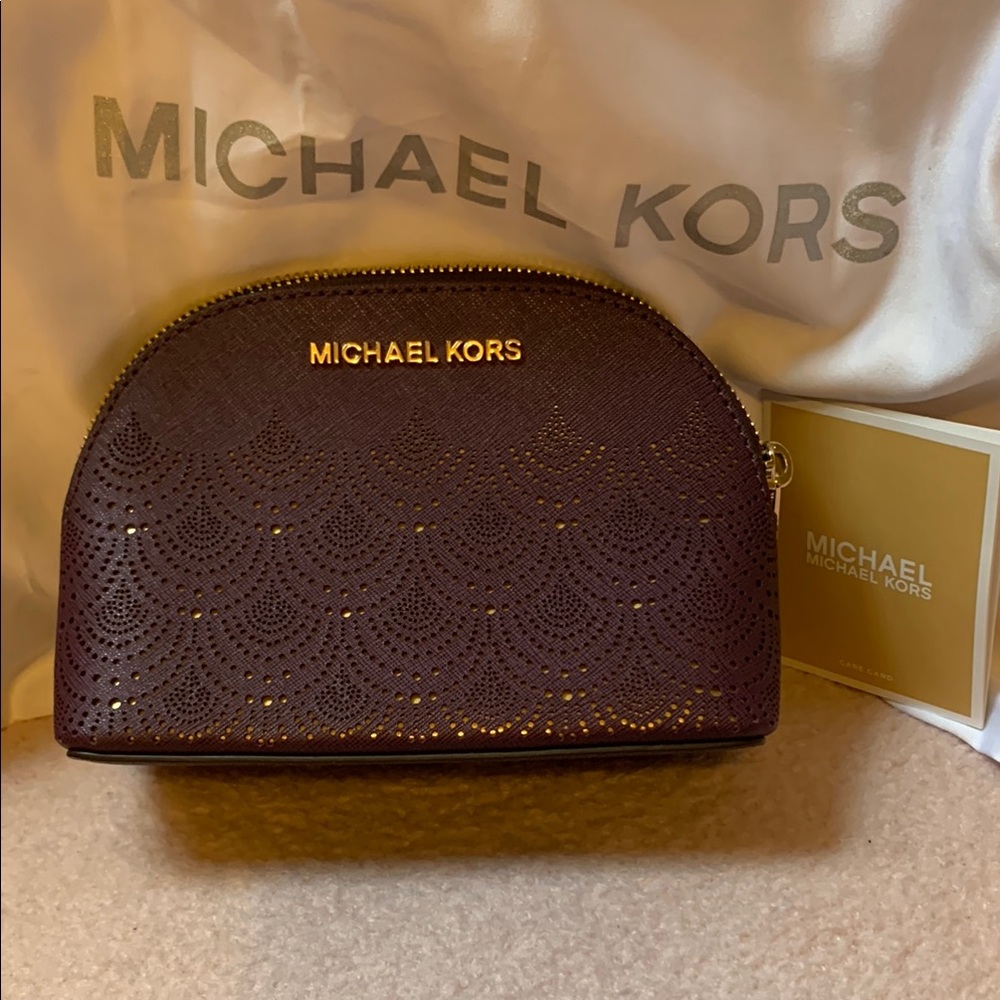 Michael Kors Burgundy Cosmetic Pouch with Gold Details